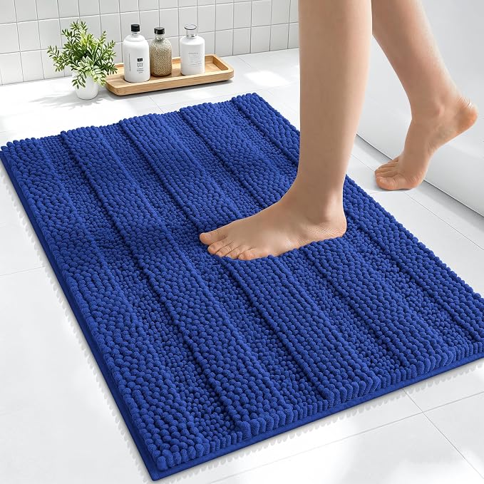 Smiry Thick Small Chenille Bathroom Rugs 24x16, Extra Soft Absorbent Striped Bath Mat, Machine Washable, Rubber Backing, Bath Rugs for Bathroom, Tub & Shower, Home Decor Accessories, Royal Blue