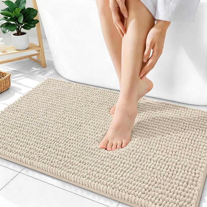 OLANLY Thick Bathroom Rugs 36x24, Extra Soft Absorbent Chenille Bath Rugs, Rubber Backing, Machine Wash Dry, Bath Mats for Bathroom Floor, Tub and Shower, Home Decor Accessories, Sand