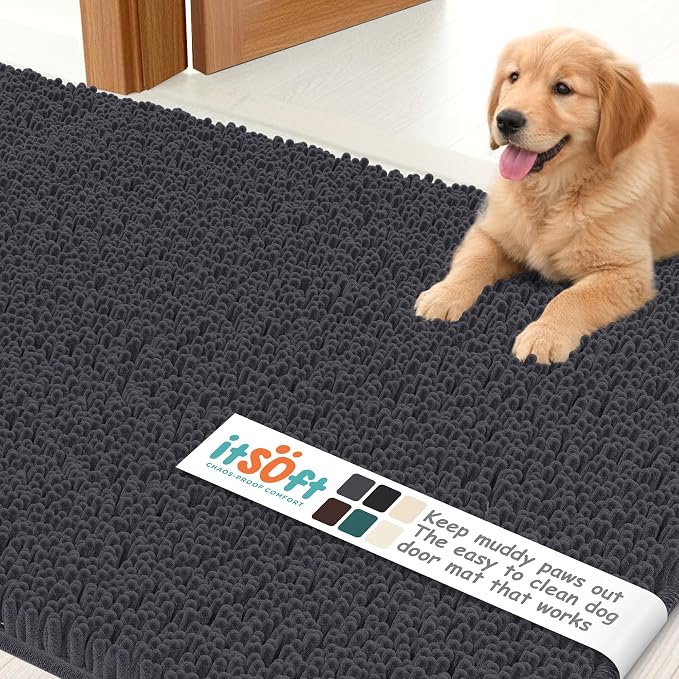Dog Rugs for Muddy Paws 59x21 | Cleaner Mud Free Floors | Muddy Dogs Mats for Indoor, Dog Mat for Muddy Paws Door Mat Washable, Absorbent Chenille Mud Room Rug Paw Matt w/ Non Slip Backing, Black