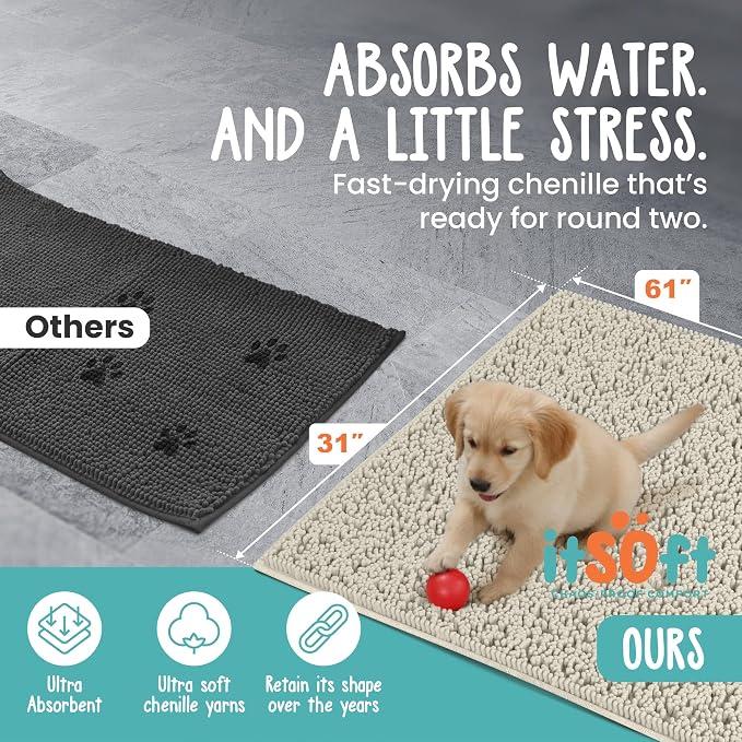 Dog Rugs for Muddy Paws 61x31 | Cleaner Mud Free Floors | Muddy Dogs Mats for Indoor, Dog Mat for Muddy Paws Door Mat Washable, Absorbent Chenille Mud Room Rug Paw Matt w/ Non Slip Backing, Wax White