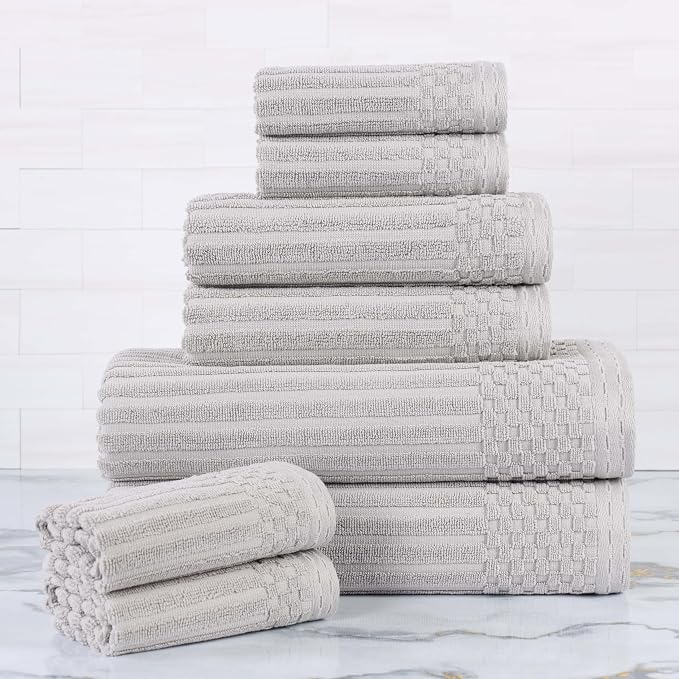Superior Cotton 8-Piece Solid and Ribbed Towel Set, Face Towels 13” x 13”, Hand Towels 16” x 28”, Bath Towels 27” x 54”, Silver