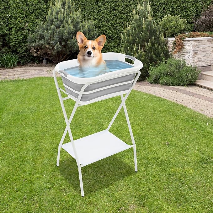 Foldable 2 in 1 Pet Bathtub with Stand, 38.8" Elevated Dog Bath Tub for Small Pets, Portable Grooming Station w/Drain Hose & Safety Belt, Small Dogs Cats Pet