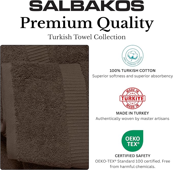 SALBAKOS 100% Turkish Cotton 6-Piece Towel Set | Premium Quality Hotel & Spa Collection | Soft, Super Absorbent 2 Washcloth, 2 Hand, 2 Bath Towel Sets | Made in Turkey (Chocolate, 6 Piece Towel Set)