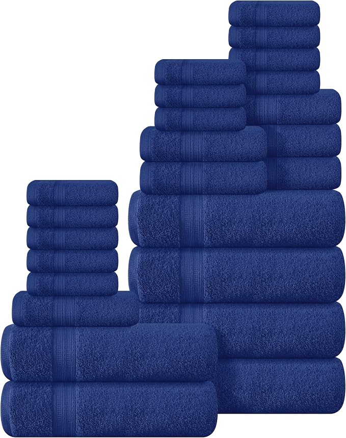 BOUTIQUO 24 Pack Cotton Towel Set, Contains 6 Bath Towels 27x54 inch, 6 Hand Towels 16x24 inch & 12 Wash Coths 12x12 inch, Ideal Everyday use, Ultra Soft Compact & Lightweight - Navy Blue