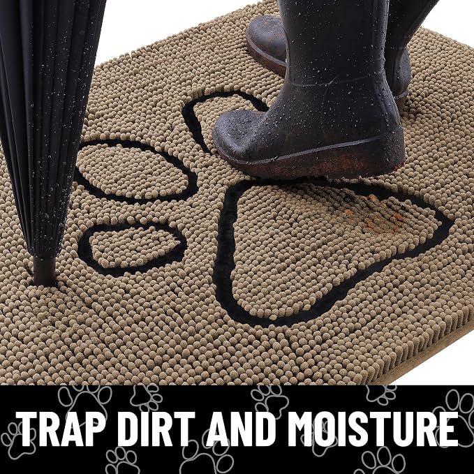 Smiry Dog Door Mat for Muddy Paws, Absorbent Dirt Trapper Non Slip Quick Dry Washable Chenille Mat for Mud Dogs, Entry Rug for Indoor and Outdoor (59x35 Inches, Camel and Black)