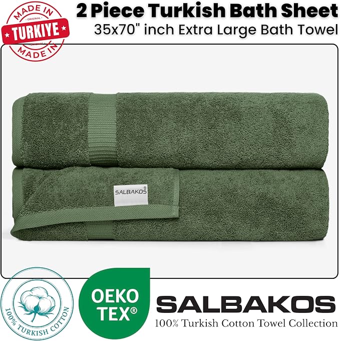 SALBAKOS 2-Piece 100% Turkish Cotton Extra Large Bath Towel 35x70 inch | Premium Hotel Quality Bath Sheet Towels | Thick, Soft, Absorbent, Oversized Bath & Beach Towels (Green, 2 Bath Sheets)