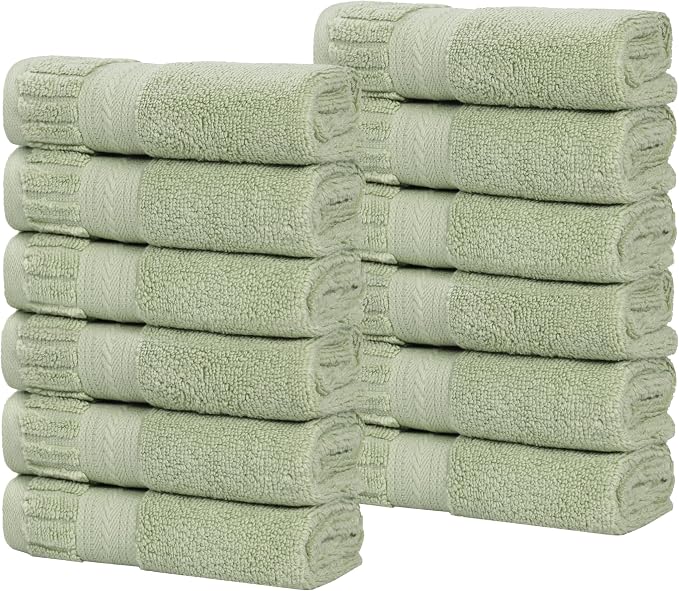 Superior Venice Zero Twist Cotton Medium Weight Small Towels, for Kitchen, Bathroom, Shower, Spa, Plush Essentials, Ribbed Textured Border, Face Towels Washcloths, Set of 12, Green