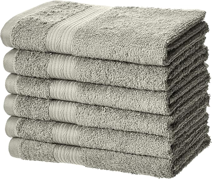 Amazon Basics 6-Piece Fade-Resistant 100% Cotton Hand Towels for Bathroom, Soft Absorbent, 26 x 16 inches, Gray