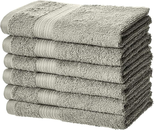 Amazon Basics 6-Piece Fade-Resistant 100% Cotton Hand Towels for Bathroom, Soft Absorbent, 26 x 16 inches, Gray