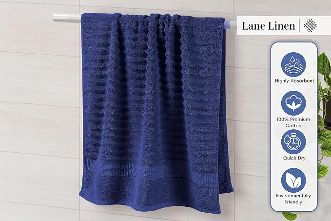 LANE LINEN Bath Towels Set - 6 Piece Set - Zero Twist - Softer Cotton, Absorbent & Durable - 2 Bath, 2 Washcloths, 2 Hand Towels for Bathroom - Sustainably Produced & Designed for Everyday use - Navy