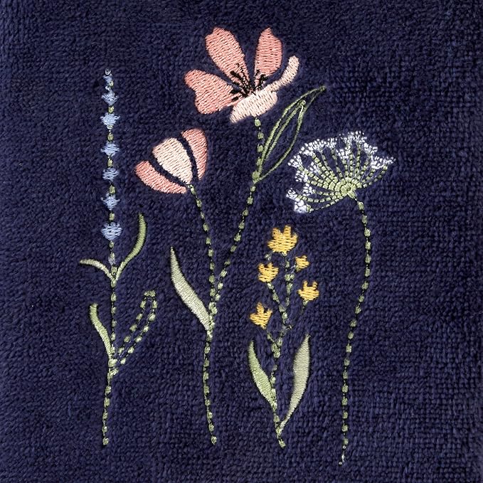 SKL Home Wildflower Field 100% Cotton Embroidered 2pc Hand Towel Set, Decorative for Bath/Kitchen/Bar & Gift, Navy