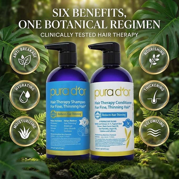 PURA D'OR Hair Thinning Therapy Biotin Shampoo & Hair Regrowth Conditioner Set, CLINICALLY TESTED Effective Results, Hair Thickening Products For Women & Men, Herbal Scent, Color Safe, 16oz x2