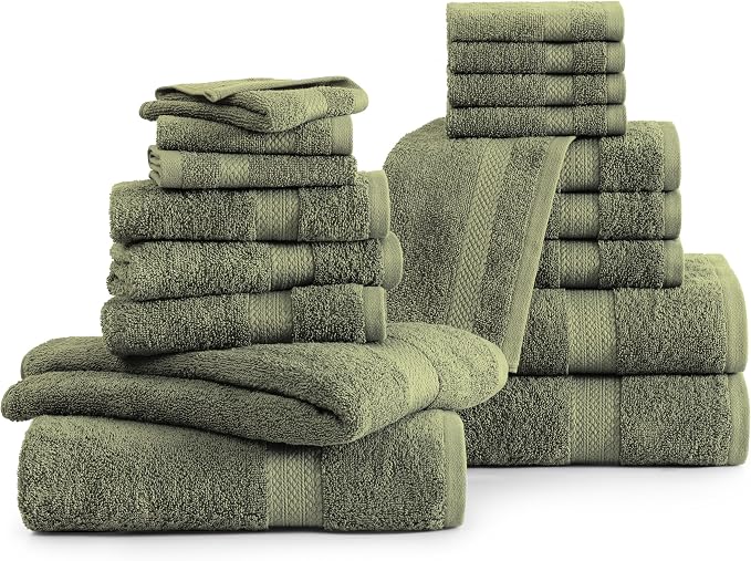 LANE LINEN 100% Cotton Bath Towel Set of 18 - Softer, High Absorbency & Durable - 4 Bath, 8 Wash Cloth, 6 Hand Towels for Bathroom - Premium Look, Spa Quality, Solid Dyed Towels - Oil Green