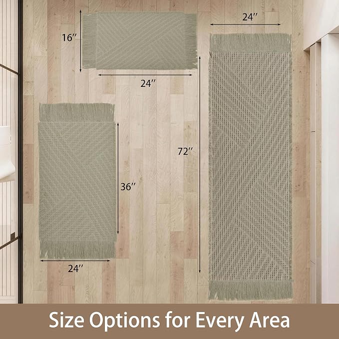 Waffle Bath Mat Non Slip, Boho Bathroom Rug, Super Absorbent Quick Dry Bathroom Mat, Soft Farmhouse Bath Rug with Tassels, Small Washable Shower Mats for Floor 20"x32", Tassels Sage Green