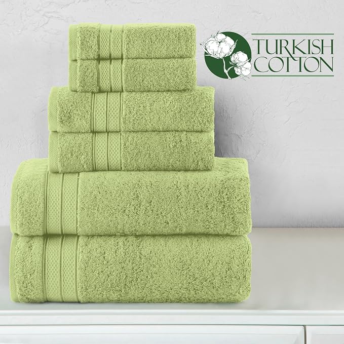 Elegant Comfort Luxury 6-Piece Towel Set, Premium Soft 100% Turkish Cotton, Three Line Popcorn Design 2 Bath Towels, 2 Hand Towels and 2 Washcloths Towel Set - Quick-Drying and Absorbent, Sage Green