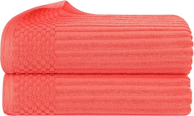 Superior Cotton 2-Piece Solid and Ribbed Bath Sheet Set, Bath Sheets- 34" x 68", Coral by Superior
