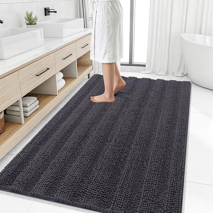 Smiry Thick Chenille Large Bathroom Rugs 59x35, Extra Soft Absorbent Striped Bath Mat, Machine Washable, Rubber Backing, Bath Rugs for Bathroom, Tub & Shower, Home Decor Accessories, Dark Grey