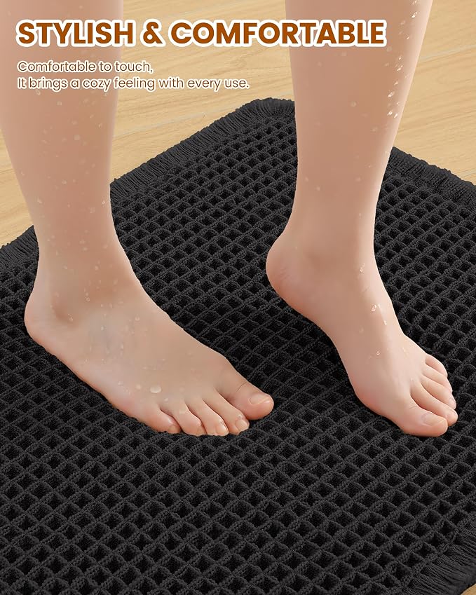 Smiry Waffle Bath Mat 47x20, Extra Soft Absorbent Bathroom Rugs, Non Slip Machine Washable Quick Dry Bath Rugs for Bathroom Floor, Tub, Shower, Home Decor Accessories, Black