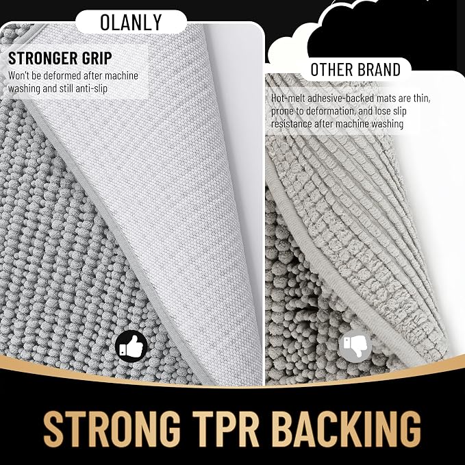 OLANLY Thick Bathroom Runner Rugs 47x24, Extra Soft Absorbent Chenille Bath Rugs, Rubber Backing, Machine Wash Dry, Long Bath Mats for Bathroom, Tub and Shower, Home Decor Accessories, Light Grey