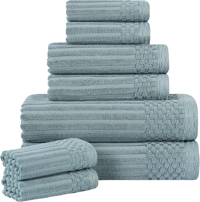 Superior Cotton 8-Piece Solid and Ribbed Towel Set, Face Towels 13” x 13”, Hand Towels 16” x 28”, Bath Towels 27” x 54”, Basil