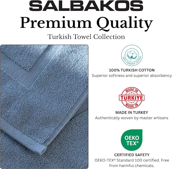 SALBAKOS 100% Turkish Cotton Bath Mat Set 2-Piece - 20x34 inch, Hotel & Spa Collection, Soft, Absorbent, Long Lasting, Durable Bathroom Rugs | Made in Turkey (Blue, 2 Bath Mats)