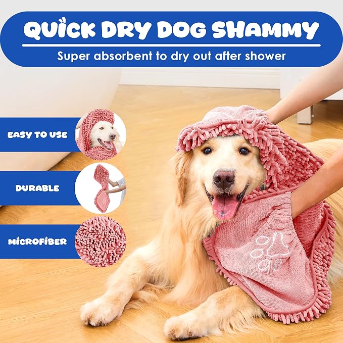 Super Absorbent Microfiber Dog Towel – Large Quick Dry Pet Bath Towel for Drying Dogs After Bathing, Swimming & Grooming – Puppy, Small & Large Dog Bath Supplies-Coffee (Pink)