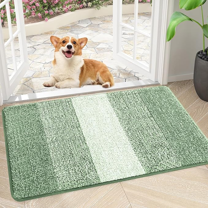 Smiry Dog Door Mat for Muddy Paws, Absorbs Moisture and Dirt, Low-Profile Entryway Mat with Non-Slip Backing, Entry Indoor Outdoor Doormat for Inside Floor (34x21 Inches, Sage Green, Striped)