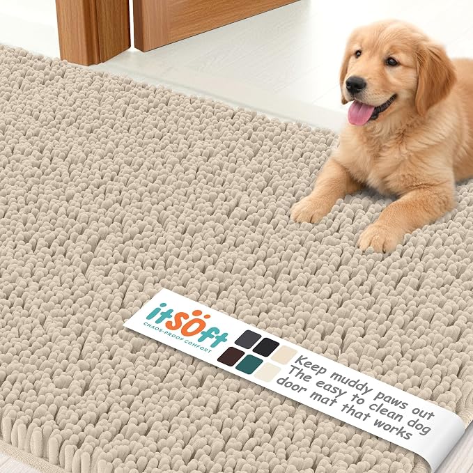 Dog Rugs for Muddy Paws 59x21 | Cleaner Mud Free Floors | Muddy Dogs Mats for Indoor, Dog Mat for Muddy Paws Door Mat Washable, Absorbent Chenille Mud Room Rug Paw Matt w/ Non Slip Backing, Beige