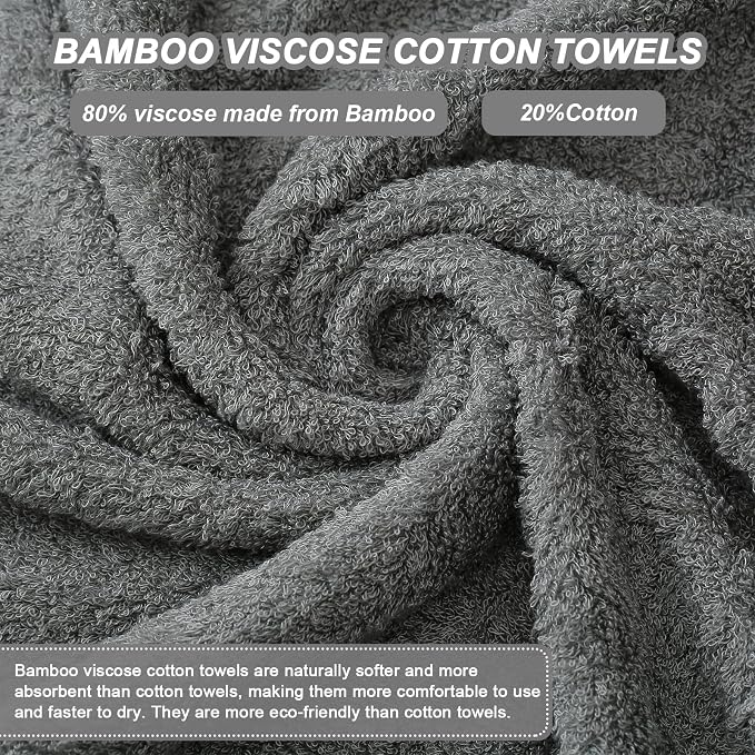 Aibaser Viscose from Bamboo and Cotton Bath Towels Set of 6-27x54 Inch Ultra Soft, Highly Absorbent Large Shower Towels for Bathroom, Spa & Gym (6 Piece Set) (Grey)