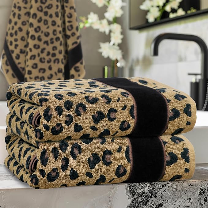 COTTON CRAFT Oversized Bath Sheet - 2 Pack Extra Large 35 x 84 Animal Print Leopard Cheetah Africa Safari 100% Cotton Jacquard Towel - Soft Absorbent Luxury Bathroom Shower Spa 500 GSM Bath Sheet