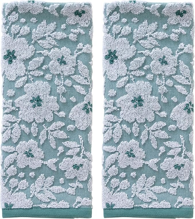 SKL Home Floral Jacquard 100% Cotton 2pc Hand Towel Set, Reversible & Decorative for Bath/Kitchen/Bar & Gift, Moss Green