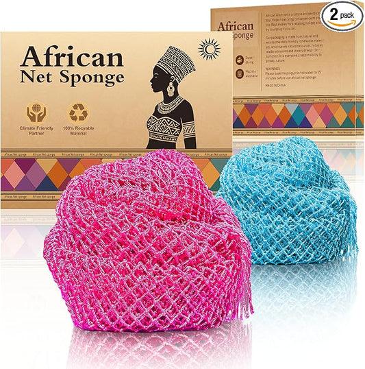 African Net Bath Sponge, Premium Body Exfoliator, Rose Red Blue, Nylon, 2 Pack, Gentle Scrub for Dry Sensitive Skin
