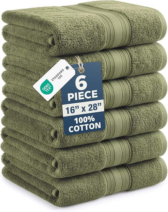 LANE LINEN Bath Hand Towels for Bathroom - 6 Pack (16" x 28"), 100% Cotton Hand & Face Towels Set - Soft, Prevent Fraying & Machine Washable - Everyday Family Towel, Gets Softer Each Wash - Oil Green