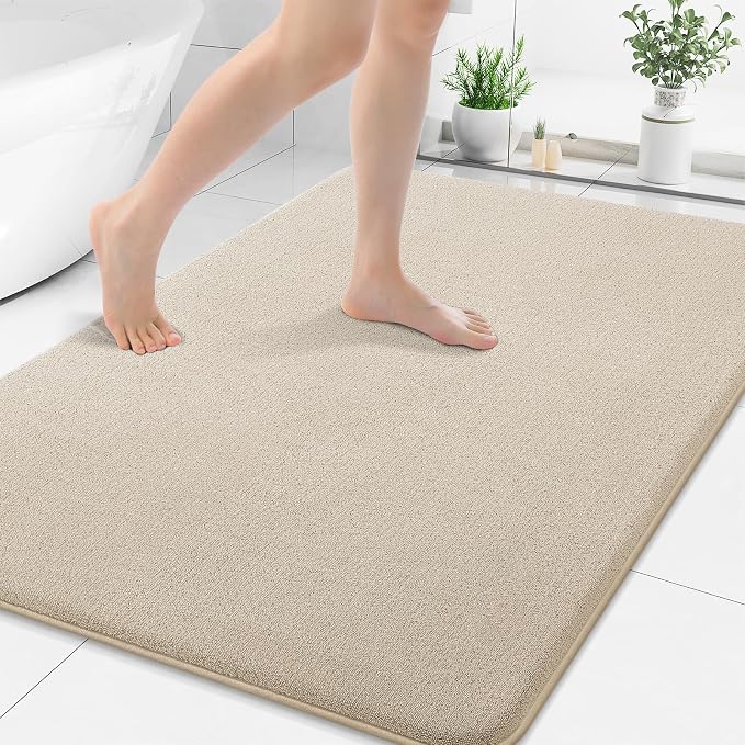 Smiry Memory Foam Bath Mat 40x32, Extra Soft Bathroom Rug, Ultra Absorbent, Quick Dry, Machine Washable Bathroom Mat for Shower, Tub & Floor Decor, Beige