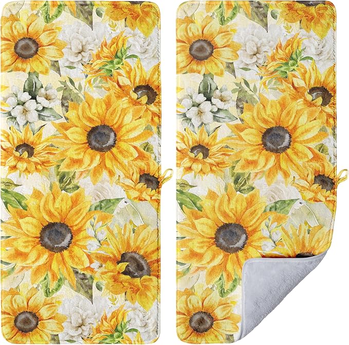 Watercolor Sunflowers Hand Towels Set Vintage Yellow Floral Towels Soft Absorbent Decorative Coral Fleece Towel