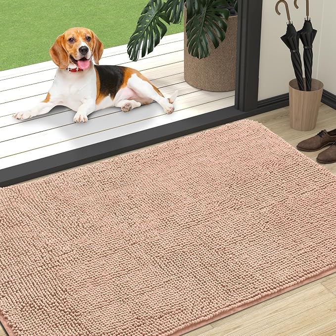 OLANLY Dog Door Mat for Muddy Paws 47x32, Absorbs Moisture and Dirt, Absorbent Non-Slip Washable Doormat, Quick Dry Chenille Mud Mat for Dogs, Entry Indoor Entryway Carpet for Inside Floor, Peach