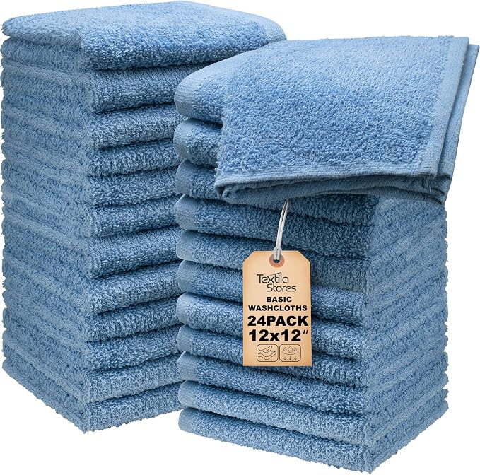 Basic Wash Cloths 12x12 Inches – Bulk Pack of 24 – Blue Color – Soft and Absorbent Multipurpose Cotton Washcloths for Bathroom, Spa, Gym, Salon, Hotel, and Everyday Use