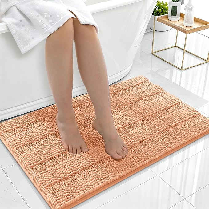 Smiry Thick Chenille Bathroom Rugs 36x24, Extra Soft Absorbent Striped Bath Mat, Machine Washable, Rubber Backing, Bath Rugs for Bathroom, Tub & Shower, Modern Home Decor Accessories, Peach