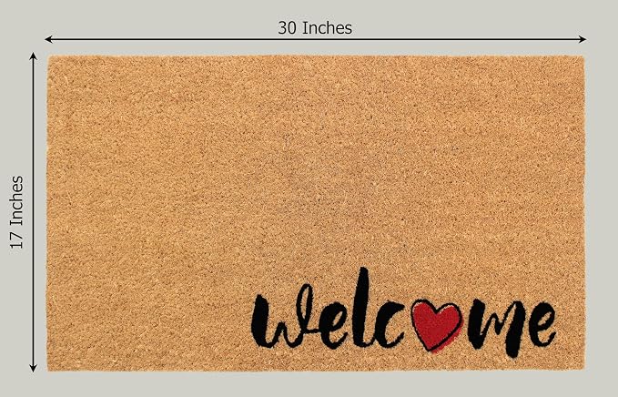 Croft&Cane Coco Coir Doormat - Welcome Doormat with Heart Accent - Non Slip Dirt Trapping Low Profile Indoor Outdoor Front Door Mat for Porch, Patio & Entryway - 17 x 30 Inches