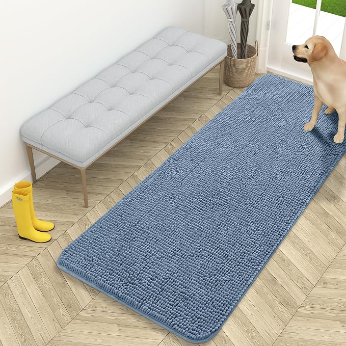 OLANLY Dog Door Mat for Muddy Paws 59x24, Absorbs Moisture and Dirt, Absorbent Non-Slip Washable Doormat, Quick Dry Chenille Mud Mat for Dogs, Entry Indoor Entryway Carpet for Inside Floor, Airy Blue