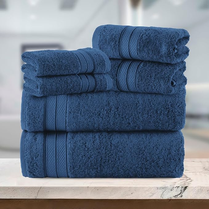 Elegant Comfort Luxury 6-Piece Towel Set, Premium Soft 100% Turkish Cotton, Three Line Popcorn Design 2 Bath Towels, 2 Hand Towels and 2 Washcloths Towel Set - Quick-Drying and Absorbent, Navy Blue