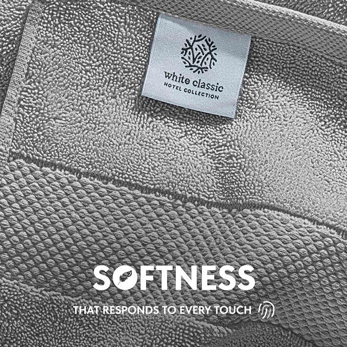 White Classic Light Grey Luxury Cotton Washcloths 12 Pc Set - Large 13x13 Inches Hotel Style Face Towel, High Absorbent Quick Dry Wash Cloths for Home, Spa, Gym, Light Grey, 12 Pack
