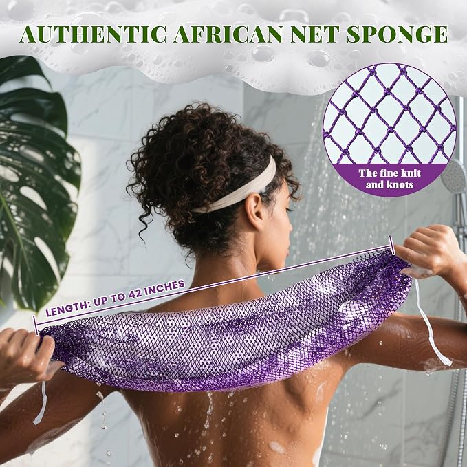 African Net Sponge Authentic, 3 Pieces Exfoliating Scrubber Bath Sponge for All Skin Types, Back Scrubber Loofah Washcloth for Shower, Gentle Exfoliation (Pink,Purple,Dark Blue)