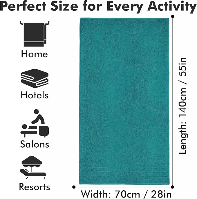 Bath Towels Set of 4 – 100% Ring Spun Cotton Teal Extra Large Towels for Bathroom, Spa Use (55x28 in) – 550 GSM Super Soft and Quick Dry Large Bath Sheets for Adults