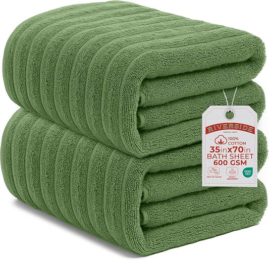 RIVERSIDE Pack of 2 Extra Large Bath Sheet Towels, 35 x 70 Inches, 600 GSM, Ribbed Stripe, 100% Cotton - Super Soft, Highly Absorbent & Quick Dry for Bathroom, Spa & Hotel, Sage Green