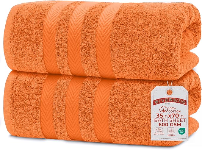 RIVERSIDE Pack of 2 Extra Large Bath Sheets 35 x 70 Inches, 100% Ring Spun Cotton, Hotel Quality, Oversized Bath Towels, Super Soft, Highly Absorbent & Quicker to Dry, Orange