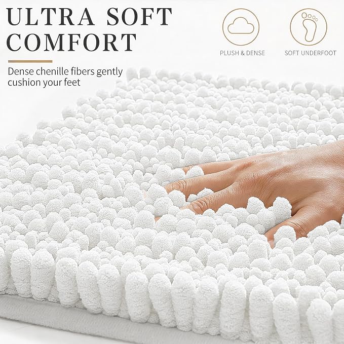 Yimobra Bathroom Rugs Non Slip Washable - Ultra Soft Absorbent Chenille Bath Mat, Quick Dry Shaggy Floor Carpet for Tub Shower, White Home Decor Accessories, 24x17 Inch