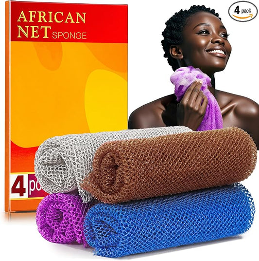 4 Pieces African Net Sponge for Deep Exfoliation – African Net Sponge Authentic, Exfoliating Washcloth, Quick-Drying African Net for Smooth & Glowing Skin(Brown, Blue, Purple,Grey)