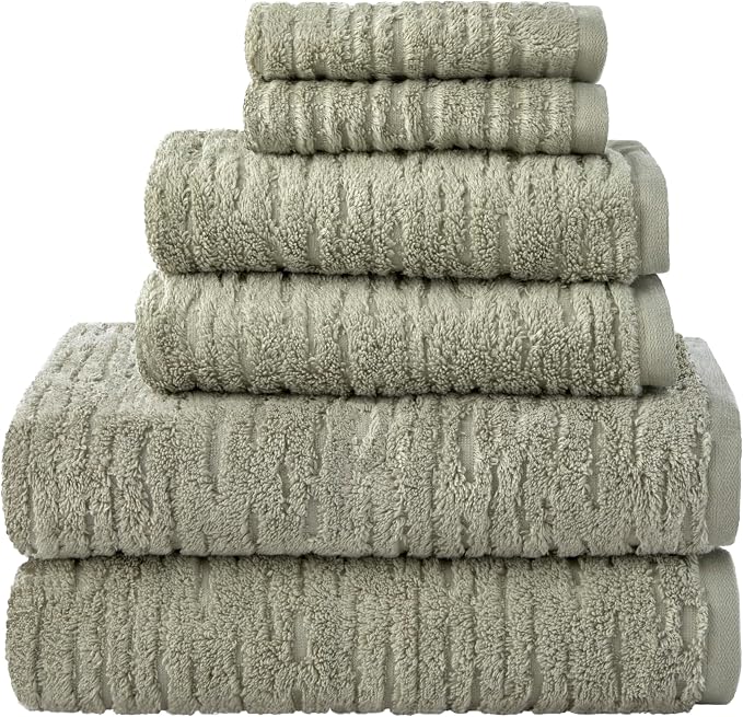 SKL Home CloudSoft 100% Cotton Luxury 6-Piece Towel Set, 600 GSM, Ultra Plush & Absorbent - 2 Bath Towels, 2 Hand Towels, 2 Washcloths, Sage