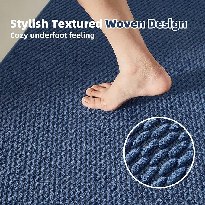 TYUU Bathroom Rugs Non Slip Washable, Super Absorbent Thin Bath Mat Quick Dry Low Pile Bathroom Rug, Navy Blue 20"x48"